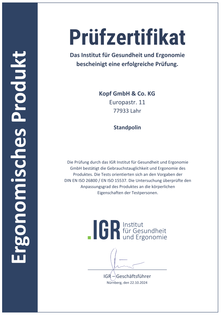 Prüfzertifikat vom IGR Institut für Gesundheit und Ergonomie für Standpolin als ergonomisches Produkt mit bestätigter Gebrauchstauglichkeit.- v2