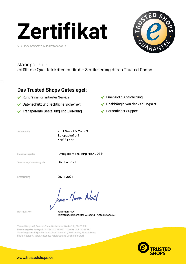 Trusted Shops Zertifikat für standpolin.de mit Gütesiegel, Qualitätskriterien, Käuferschutz und Nachweis für geprüften Online Shop Service.