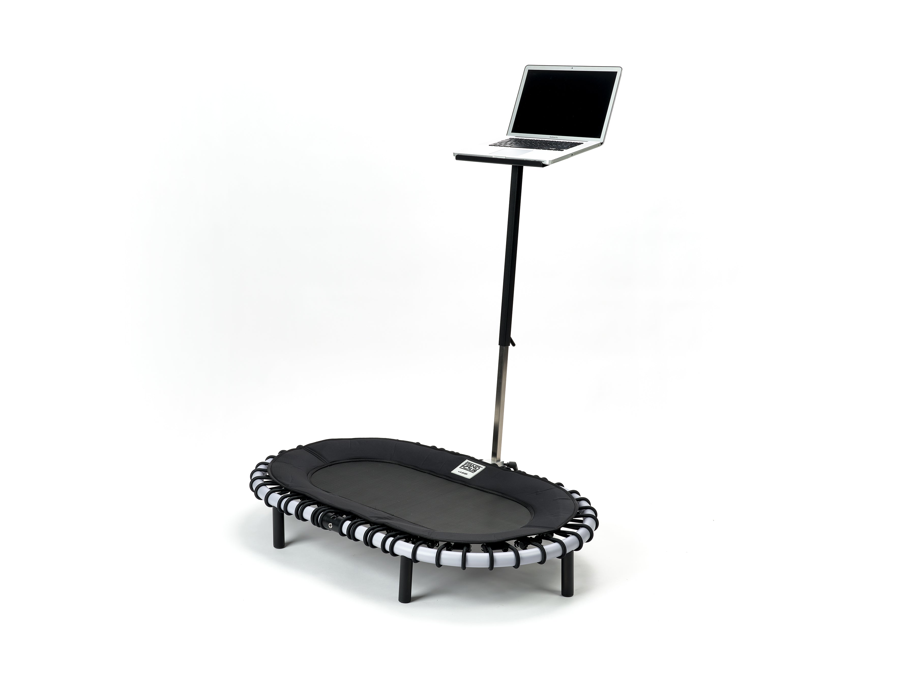 Standpolin in Hellgrau mit Laptop Ablage und Laptop für ergonomisches Arbeiten, aktives Stehen, Balance und Bewegung am Arbeitsplatz.