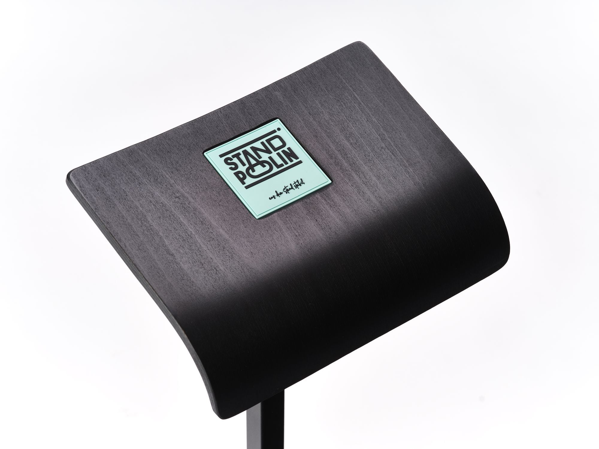Detailaufnahme der gebogenen schwarzen Standpolin Sitzfläche mit Aqua Standpolin Logo, sichtbarer Holzstruktur und stabilem Standfuß auf weißem Hintergrund.