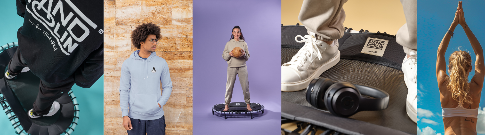 Bildcollage mit Standpolin Lifestyle Motiven, Training, Freizeit, Kopfhörern, Standpolin Logo und sportlichem Einsatz für Alltag und Bewegung als Hero bild