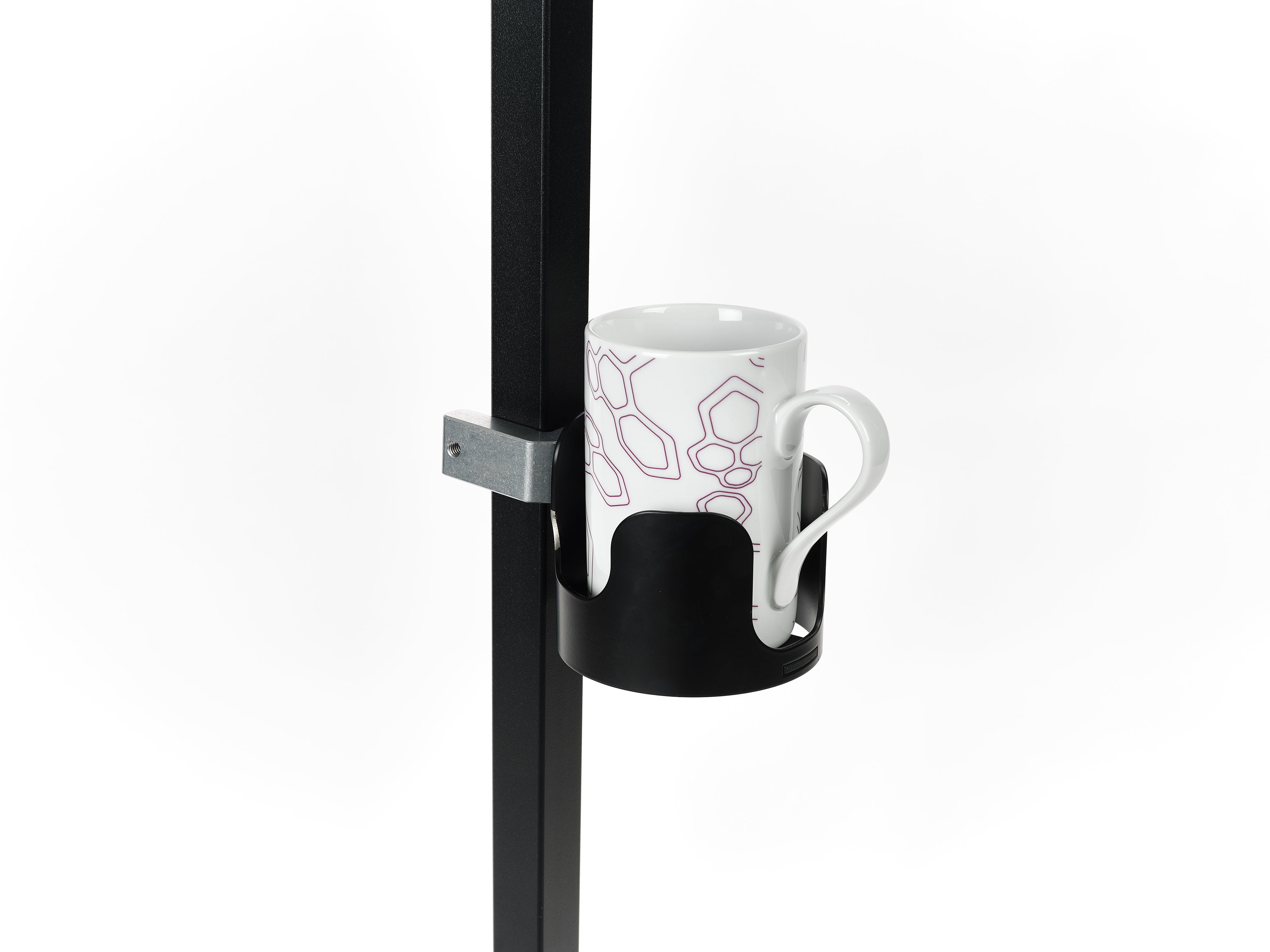  Standpolin Zubehör mit montiertem Getränkehalter und Tasse an schwarzer Halterung für komfortables Arbeiten, aktives Stehen und Bewegung im Alltag.